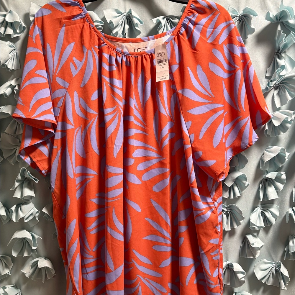 LOFT Vibrant Orange and Purple Leaf Blouse XXL NWT